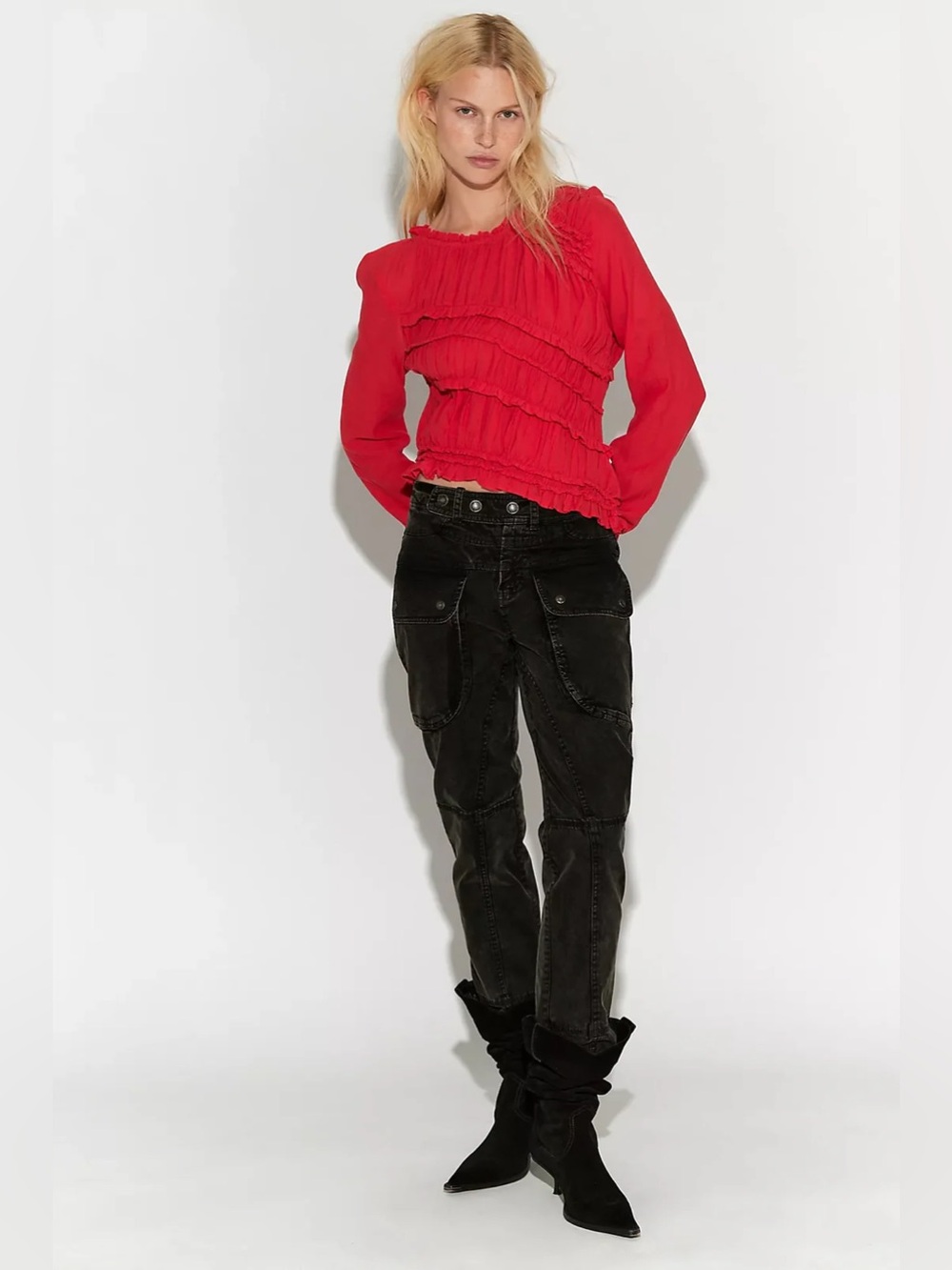 Free People Pink Sands Ruched Long Sleeve Top~ Fiery Red